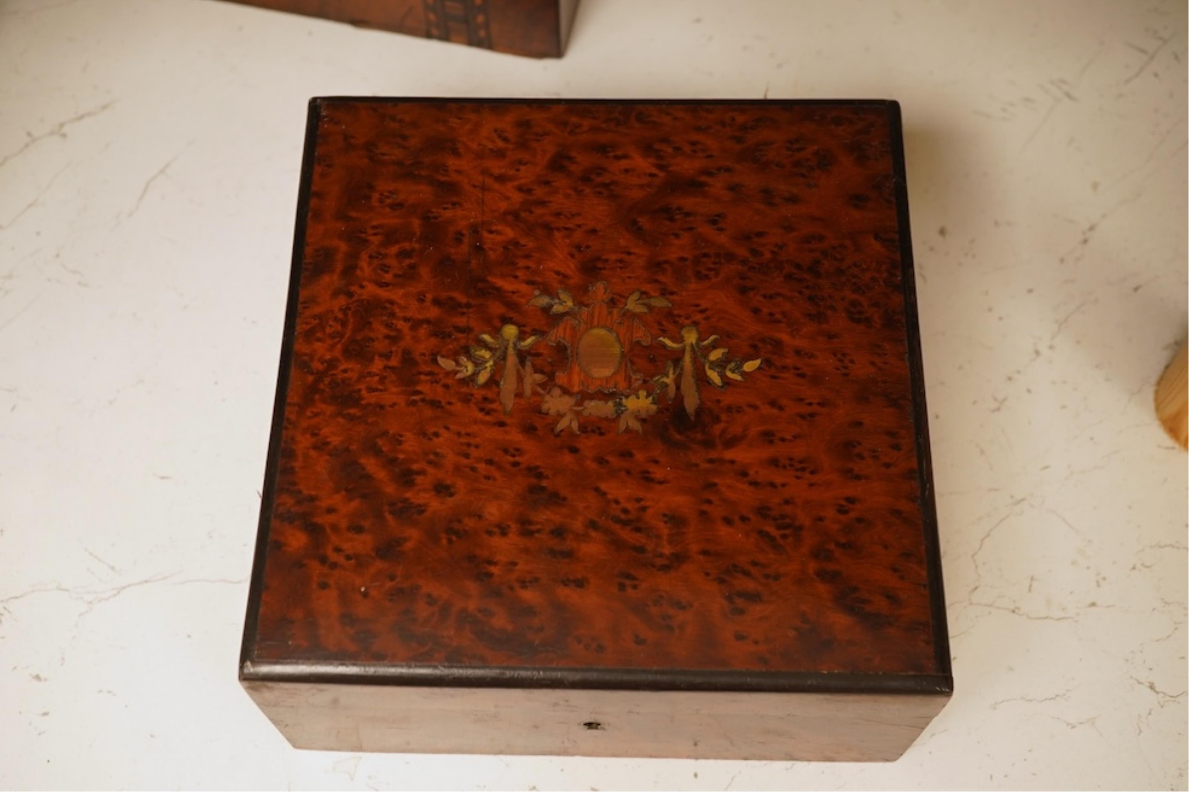 A 19th century French thuya box, Victorian tea caddy and an Art Nouveau book-shaped box, largest 20cm high